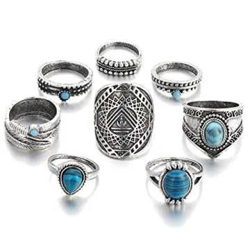 Barode Boho Turquoise Knuckle Vintage Feather Joint Knuckle Ring Set Stackable Midi Ring Set for Women(8PCS)