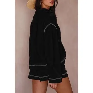 Pink Queen Women's 2024 Fall Casual Waffle Knit Long Sleeve Lounge Sets Casual Top and Shorts 2 Piece Outfits Sweatsuit