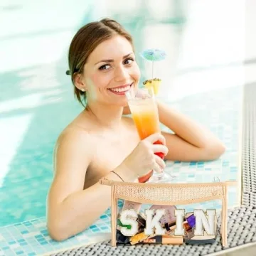 Belanttega Boho Patch Cosmetic Bag - Valentine's Day Gift SKIN Chenille Varsity Letter Toiletry Bag Beige Clear Waterproof Travel Makeup Bag PVC Zipper Clutch Daily Use Purse for Women Girls