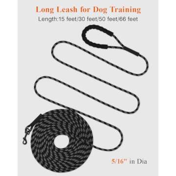 Taglory Long Dog Leash, 15FT 30FT 50FT 66FT, Training and Recall Leash with Comfortable Padded Handle for Large Medium Small Dogs Walking, Camping, Black 30FT