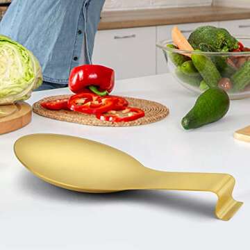 LIANYU Gold Spoon Rest for Kitchen Counter Stove Top, Stainless Steel Spatula Ladle Spoon Utensils Holder, Dishwasher Safe