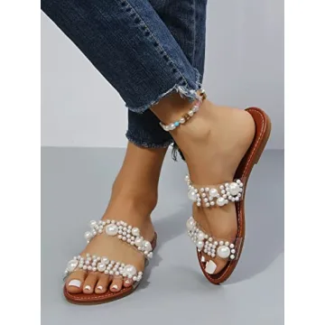OYOANGLE Women's Pearl Decor Clear Double Strap Open Toe Slide Sandals Dressy Summer Slip on Flat Sandals Brown 9