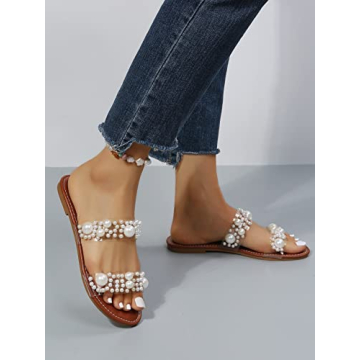 OYOANGLE Women's Pearl Decor Clear Double Strap Open Toe Slide Sandals Dressy Summer Slip on Flat Sandals Brown 9