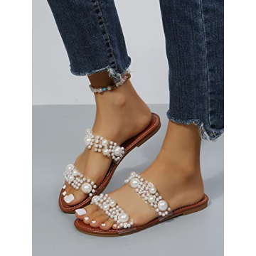 OYOANGLE Women's Pearl Decor Clear Double Strap Open Toe Slide Sandals Dressy Summer Slip on Flat Sandals Brown 9