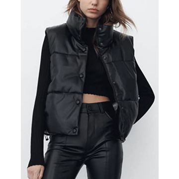 Zhiyouni Women's Faux Leather Puffer Vest Winter Fashion