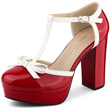 Allegra K Women's Platform Bow T Strap Chunky Heels - Stylish Red Pumps for Any Occasion