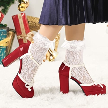 Allegra K T Strap Chunky Heels Red Pumps for Women