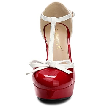 Allegra K T Strap Chunky Heels Red Pumps for Women