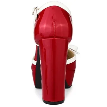 Allegra K T Strap Chunky Heels Red Pumps for Women