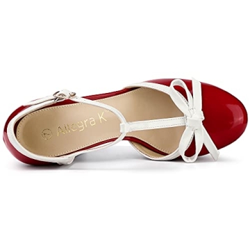 Allegra K T Strap Chunky Heels Red Pumps for Women