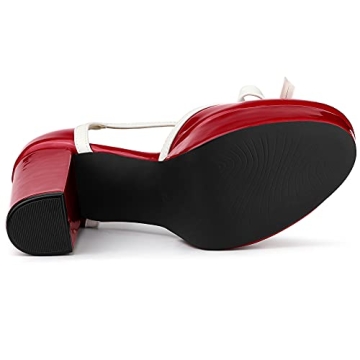 Allegra K T Strap Chunky Heels Red Pumps for Women