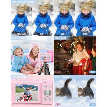 AiTechny Digital Camera for Kids, 1080P FHD Camera, 44MP Point and Shoot Digital Camera for Pictures with 32GB Card, 16X Zoom, Compact Small Vintage Camera Gifts for Teens Kids Boys Girls(Pink)