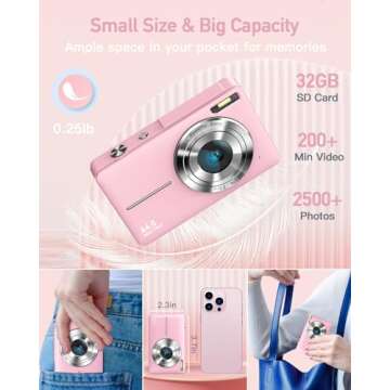 AiTechny Digital Camera for Kids, 1080P FHD Camera, 44MP Point and Shoot Digital Camera for Pictures with 32GB Card, 16X Zoom, Compact Small Vintage Camera Gifts for Teens Kids Boys Girls(Pink)