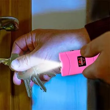 FIGHTSENSE Super Heavy Duty 35 Billion Mini Stun Gun for Self Defense with Bright Led Flashlight, Rechargeable Battery, Nylon Holsters with Belt Loop for Easy Cary (Pink)