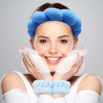 Zkptops Spa Headbands for Washing Face Wristband Set Sponge Makeup Skin Care Headband Towels Bubble ...