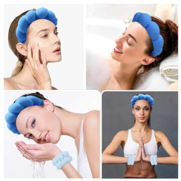Zkptops Spa Headbands for Washing Face Wristband Set Sponge Makeup Skin Care Headband Towels Bubble Soft Hairband for Women Girls Puffy Headwear Winter Non Slip Thick Thin Hair Accessory(Dark Blue-3)