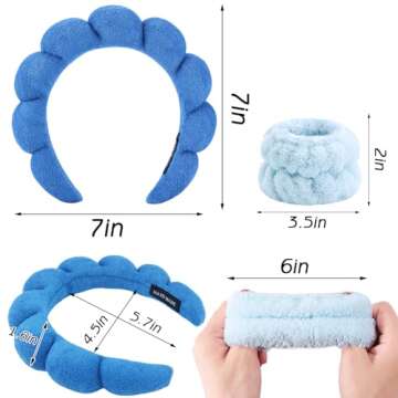 Zkptops Spa Headbands for Washing Face Wristband Set Sponge Makeup Skin Care Headband Towels Bubble Soft Hairband for Women Girls Puffy Headwear Winter Non Slip Thick Thin Hair Accessory(Dark Blue-3)