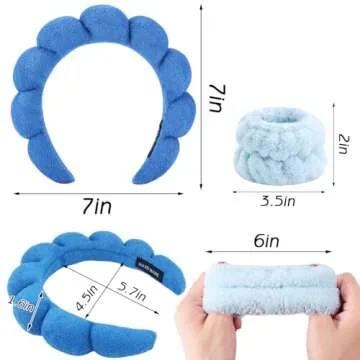 Zkptops Spa Headbands for Washing Face Wristband Set Sponge Makeup Skin Care Headband Towels Bubble Soft Hairband for Women Girls Puffy Headwear Winter Non Slip Thick Thin Hair Accessory(Dark Blue-3)