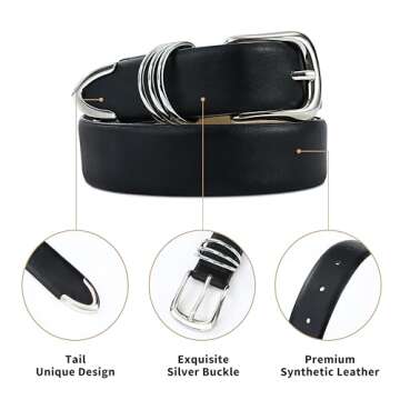 RISANTRY Women's Black Belts with Sliver Buckle Elegant Leather Waist Belt Ladies Belts for Jeans Dress & Casual Wear
