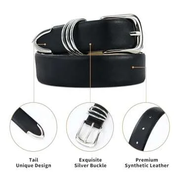 RISANTRY Women's Black Belts with Sliver Buckle Elegant Leather Waist Belt Ladies Belts for Jeans Dress & Casual Wear