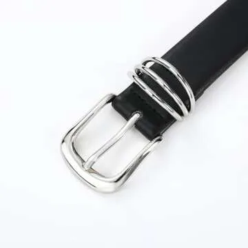 RISANTRY Women's Black Belts with Sliver Buckle Elegant Leather Waist Belt Ladies Belts for Jeans Dress & Casual Wear