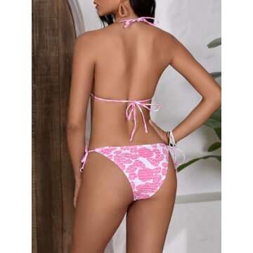 MakeMeChic Women's Halter Tie Side Triangle Bikini Set high Cut 2 Piece Bikini Swimsuit Bathing Suit Pink C XS