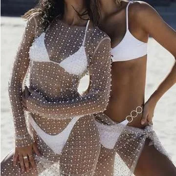 Willow Dance Women's Sheer Mesh Pearl Rhinestone Cover Up Beach Dress Swimwear Bikini Swimsuit Bathi...