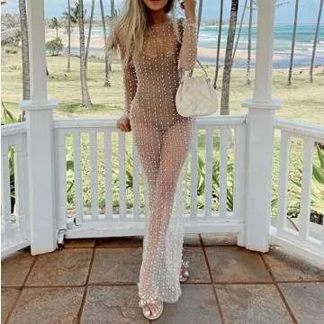 Willow Dance Women's Sheer Mesh Pearl Rhinestone Cover Up Beach Dress Swimwear Bikini Swimsuit Bathing Suit Coverups White XL