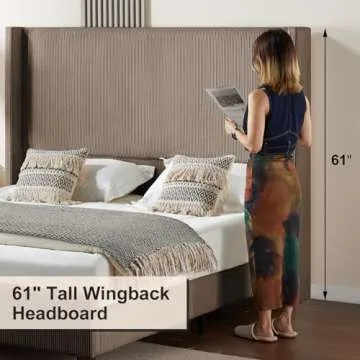 HOWE Queen Size 61" Corduroy Upholstered Bed Frame, Platform Bed with Vertical Stripe Wingback Headboard, No Box Spring Needed/Noise Free/Solid Wood Slats & Legs/Brown