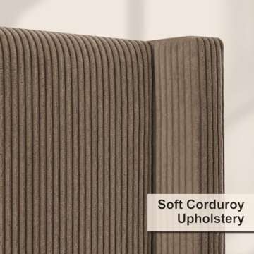 HOWE Queen Size 61" Corduroy Upholstered Bed Frame, Platform Bed with Vertical Stripe Wingback Headboard, No Box Spring Needed/Noise Free/Solid Wood Slats & Legs/Brown