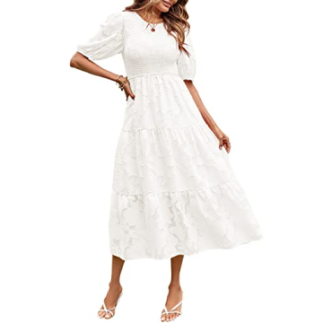 MEROKEETY Women's 2024 Summer Puff Sleeve Smocked Floral Dress Crewneck Lace Flowy Tiered Midi Dress...