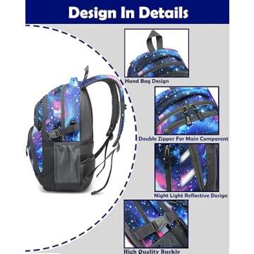 ProEtrade Backpack Bookbag for College Laptop Travel,Fit Laptop Up to 15.6 inch with USB Charging Port Multi Compartment Anti theft, Gift for Women Men (Galaxy)