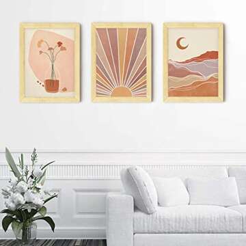 Boho Art Wall Decor Framed Wall Art 12 x 16 Inch 3 Piece Wall Decor Boho Sun Wall Art and Moon Modern Wall Art for Living room Wood Boho Wall Art Framed Home Decor