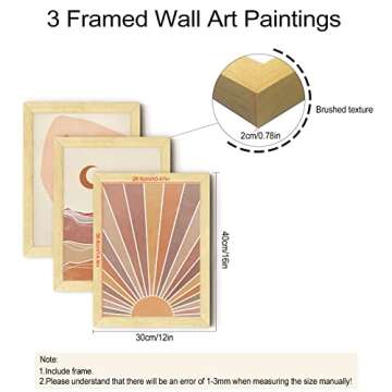 Boho Art Wall Decor Framed Wall Art 12 x 16 Inch 3 Piece Wall Decor Boho Sun Wall Art and Moon Modern Wall Art for Living room Wood Boho Wall Art Framed Home Decor