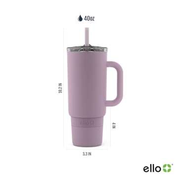 Ello Port 40oz Tumbler with Carry Loop & Integrated Handle, Vacuum Insulated Stainless Steel Reusable Water Bottle, Travel Mug with Leak Proof Lid and Straw, Perfect for Iced Coffee and Tea, Mauve