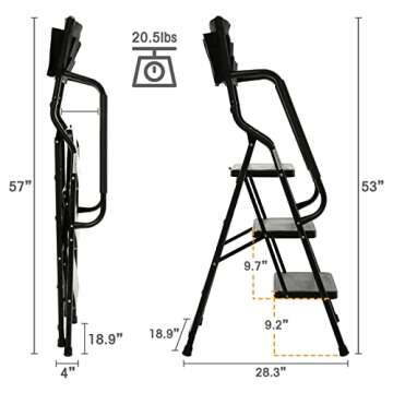 WiberWi 3 Step Ladder with Safety Handrails & Tool Bag