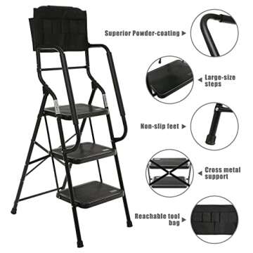 WiberWi 3 Step Ladder with Safety Handrails & Tool Bag