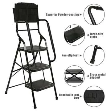 WiberWi 3 Step Ladder with Safety Handrails & Tool Bag