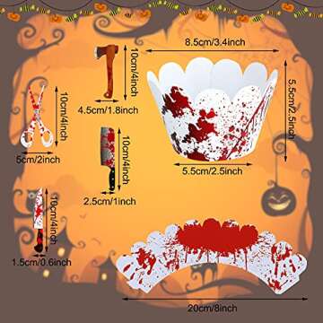 Tenare 48 Pieces Halloween Cupcake Toppers Wrappers Horror Cake Decoration Halloween Scissors Axe Ma...