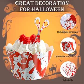 Tenare 48 Pieces Halloween Cupcake Toppers Wrappers Horror Cake Decoration Halloween Scissors Axe Machete Food Decor Horror Atmosphere Creation for Theme Party, Ghost Party, Birthday