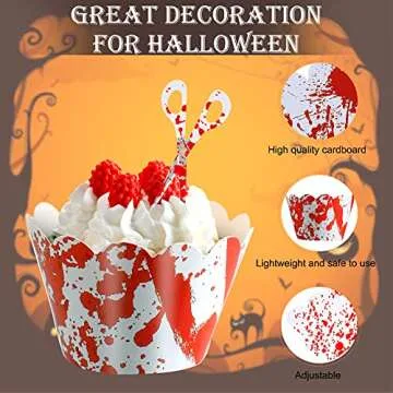 Tenare 48 Pieces Halloween Cupcake Toppers Wrappers Horror Cake Decoration Halloween Scissors Axe Machete Food Decor Horror Atmosphere Creation for Theme Party, Ghost Party, Birthday