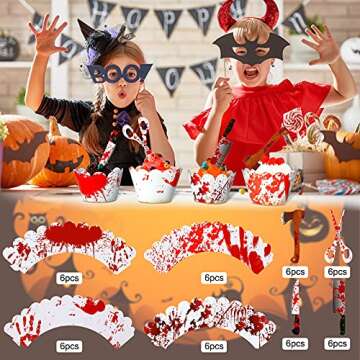 Tenare 48 Pieces Halloween Cupcake Toppers Wrappers Horror Cake Decoration Halloween Scissors Axe Machete Food Decor Horror Atmosphere Creation for Theme Party, Ghost Party, Birthday