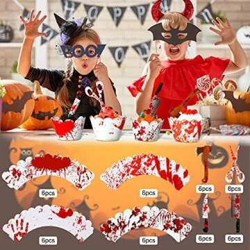Tenare 48 Pieces Halloween Cupcake Toppers Wrappers Horror Cake Decoration Halloween Scissors Axe Machete Food Decor Horror Atmosphere Creation for Theme Party, Ghost Party, Birthday