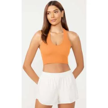 ODODOS 3-Pack Seamless Racerback Crop Tank for Women Ribbed Knit Soft Crop Tops, Neon Pink+Green+Orange, Medium/Large