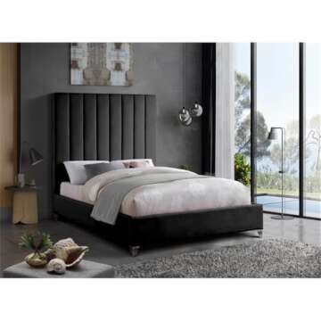 Meridian Furniture ViaBlack-Q Via Collection Modern | Contemporary Velvet Upholstered Queen Bed, Ric...