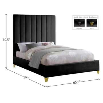 Meridian Furniture ViaBlack-Q Via Collection Modern | Contemporary Velvet Upholstered Queen Bed, Rich Black Velvet, Deep Channel Tufting, Gold and Chrome Legs, 65.5" W x 86" D x 70.5" H, Black, Queen