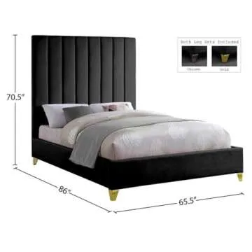 Meridian Furniture ViaBlack-Q Via Collection Modern | Contemporary Velvet Upholstered Queen Bed, Rich Black Velvet, Deep Channel Tufting, Gold and Chrome Legs, 65.5" W x 86" D x 70.5" H, Black, Queen
