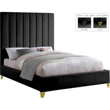 Meridian Furniture ViaBlack-Q Via Collection Modern | Contemporary Velvet Upholstered Queen Bed, Rich Black Velvet, Deep Channel Tufting, Gold and Chrome Legs, 65.5" W x 86" D x 70.5" H, Black, Queen