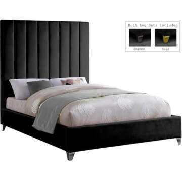 Meridian Furniture ViaBlack-Q Via Collection Modern | Contemporary Velvet Upholstered Queen Bed, Rich Black Velvet, Deep Channel Tufting, Gold and Chrome Legs, 65.5" W x 86" D x 70.5" H, Black, Queen