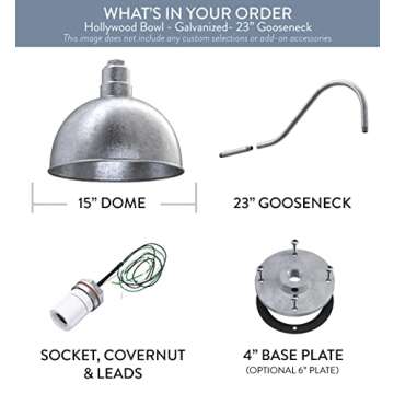 Steel Lighting Co. Hollywood Bowl Light | Outdoor Wall Mounted | 15 inch Bowl Dome | 23 inch Gooseneck | Barn Light Made in America | Galvanized Exterior/Galvanized Interior